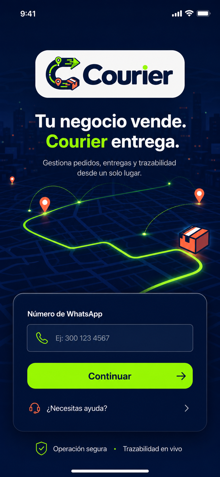Pantalla de ingreso de la aplicación Courier para domiciliarios